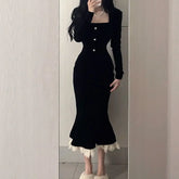 BXOXO Elegant Black Velvet Dress Women's Long Sleeve Fish Tail Simple Style European And American Fashion Autumn/Winter French Chic